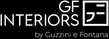 Logo di GF Interiors in bianco e nero, con la scritta “by Guzzini e Fontana” sottostante.