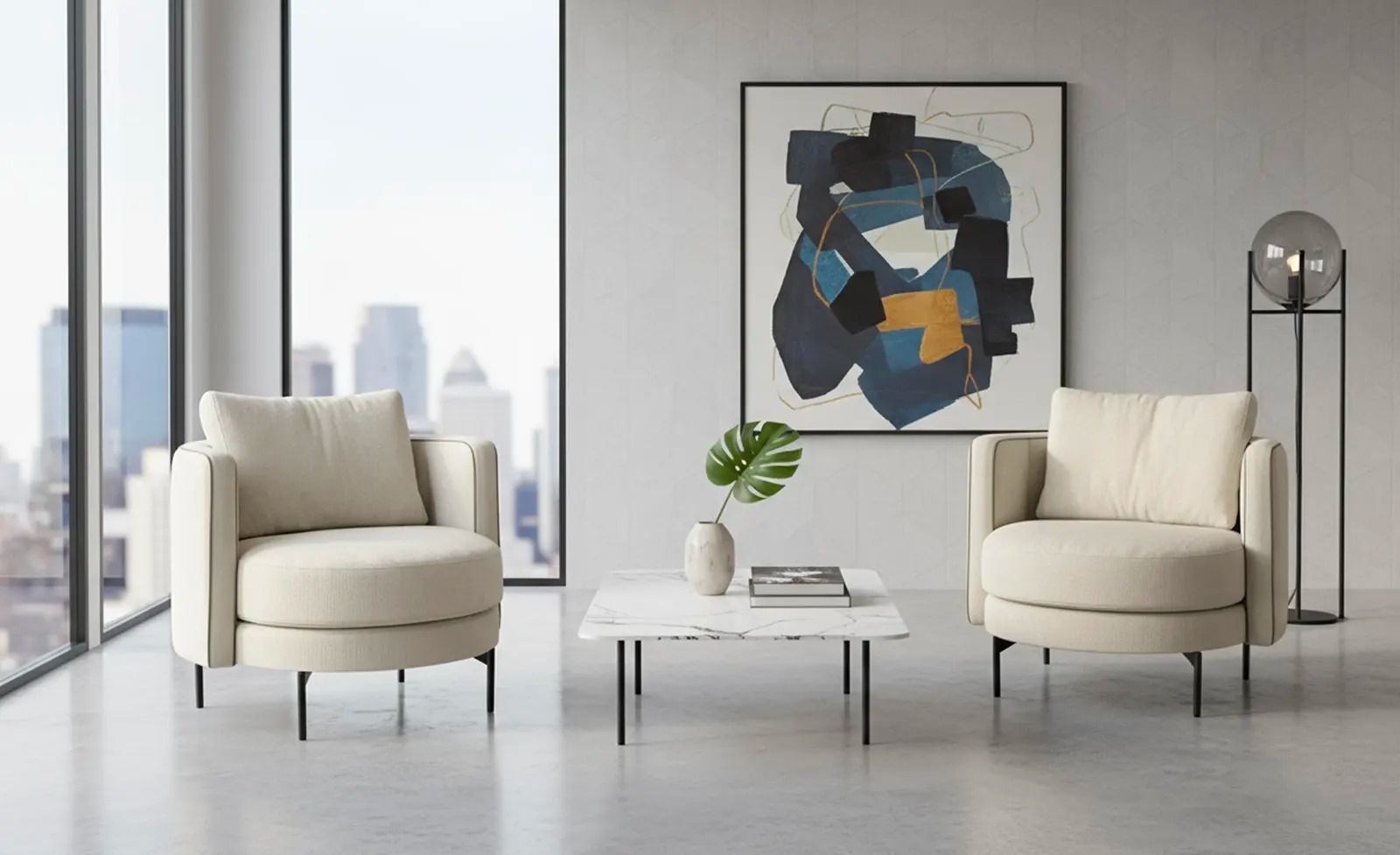 Soggiorno moderno con due poltrone color crema, tavolino da caffè, lampada da terra e quadro astratto alla parete.