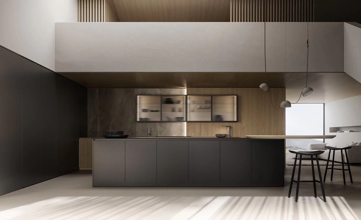 Cucina moderna e minimalista con mobili scuri, dettagli in legno e un'isola bianca con due sgabelli.