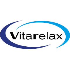 Logo Vitarelax con linee ondulate blu e testo nero su sfondo bianco.