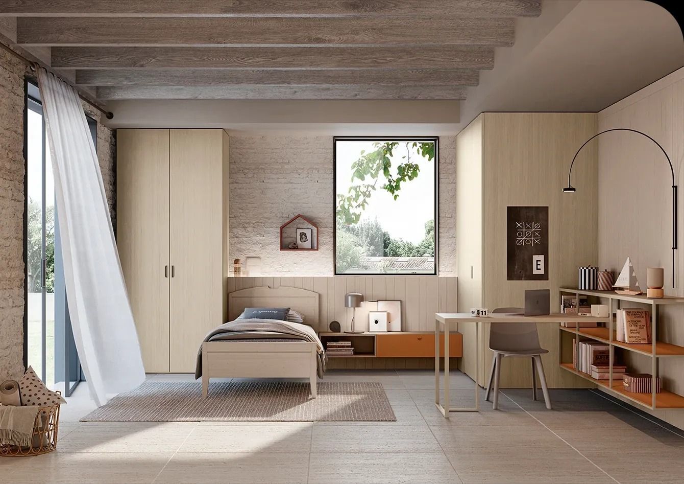 Camera da letto moderna con letto, scrivania, mensole, ampia finestra e arredamento sui toni neutri del beige.