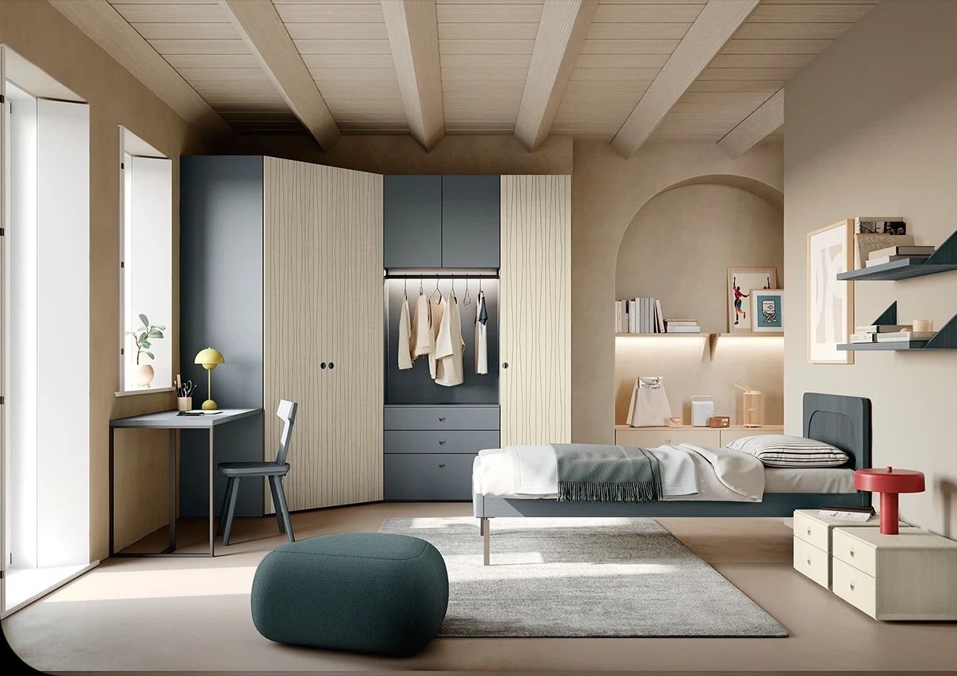 Camera da letto moderna con letto, armadio a giorno, scrivania vicino alla finestra e arredamento dai toni neutri e delicati.