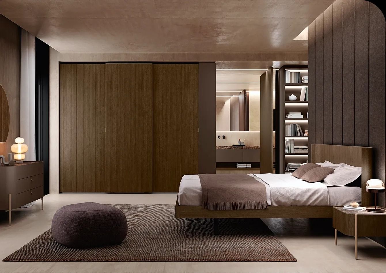 Camera da letto moderna con porte scorrevoli in legno, letto basso, illuminazione soffusa, tappeto e pouf in calde tonalità neutre.