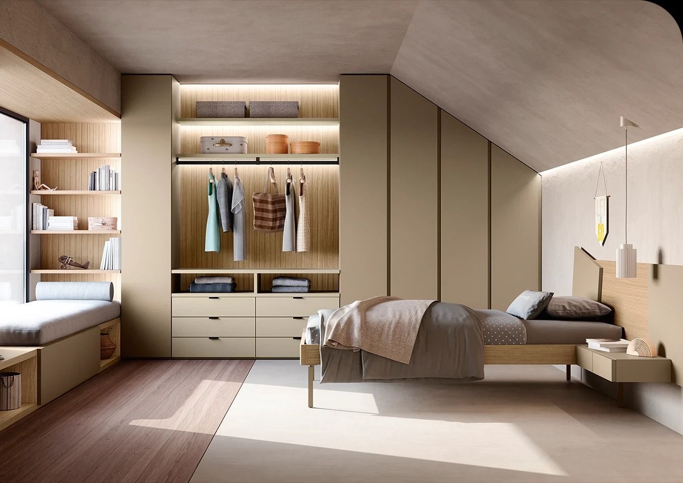 Camera da letto moderna sui toni del beige con armadio a muro, letto, scrivania e lucernario, inondata da una morbida luce naturale.