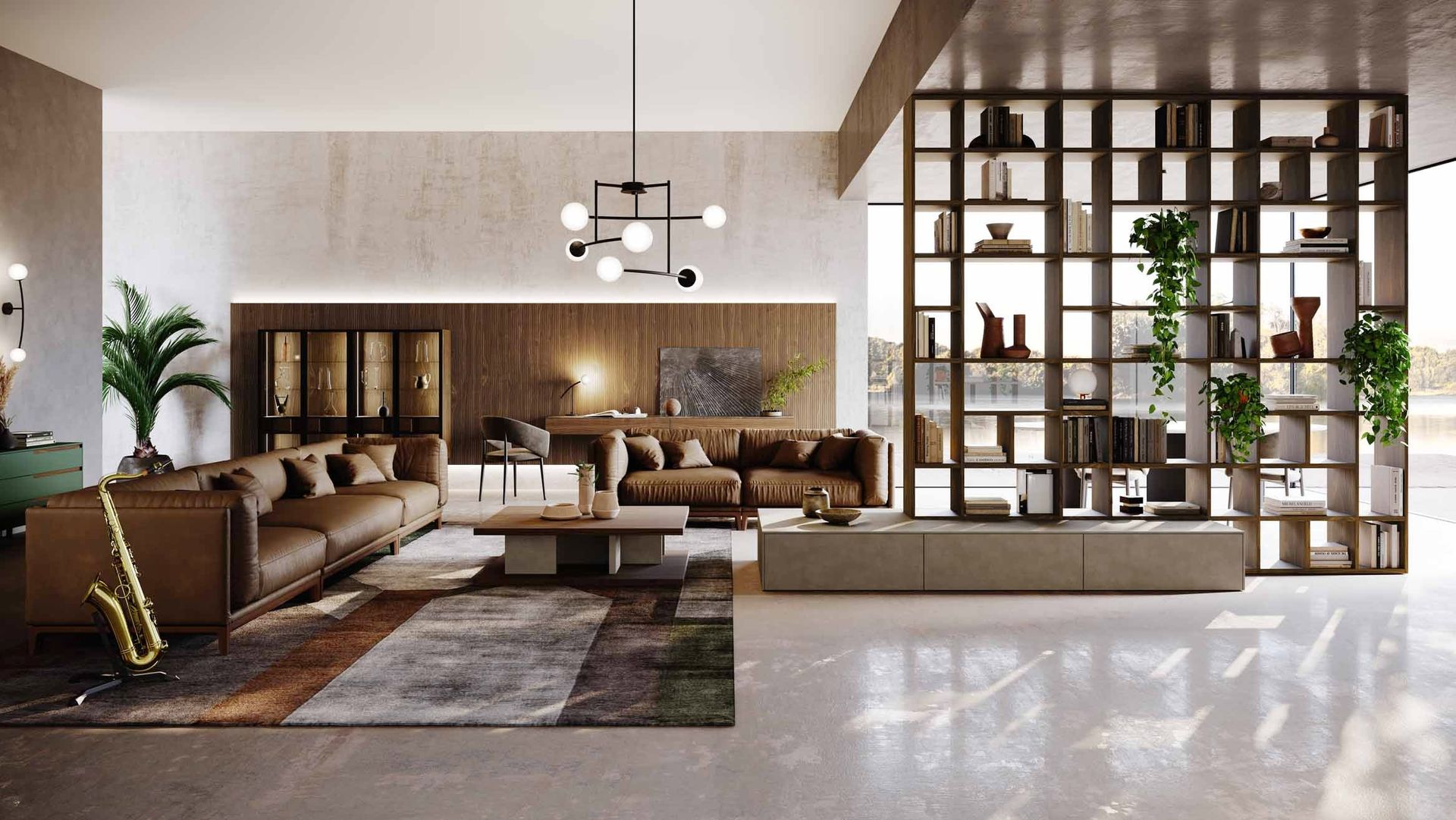 Soggiorno moderno e lussuoso con divani beige, pavimento in marmo, ampie finestre e una parete divisoria con scaffalature alte.