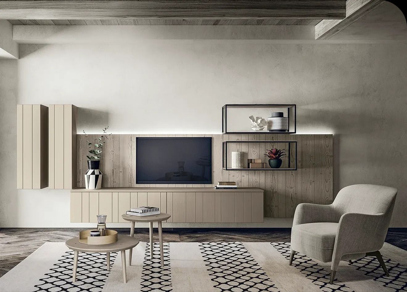 Soggiorno moderno con divano beige, mobile TV, tappeto a motivi geometrici e tavolino rotondo contro una parete con finitura a rilievo.