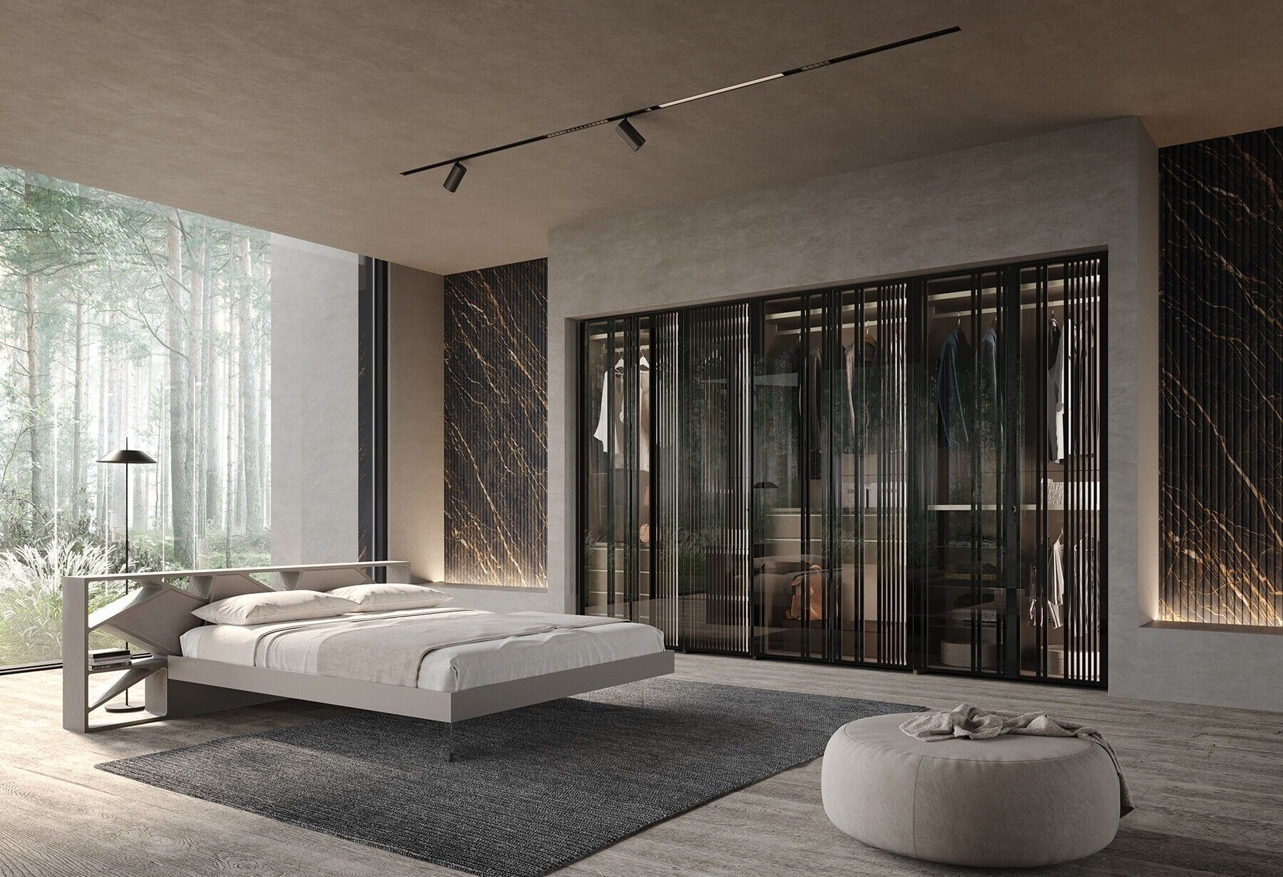 Camera da letto moderna e minimalista con letto basso, ampie finestre, tende trasparenti e arredi dai toni neutri e delicati.