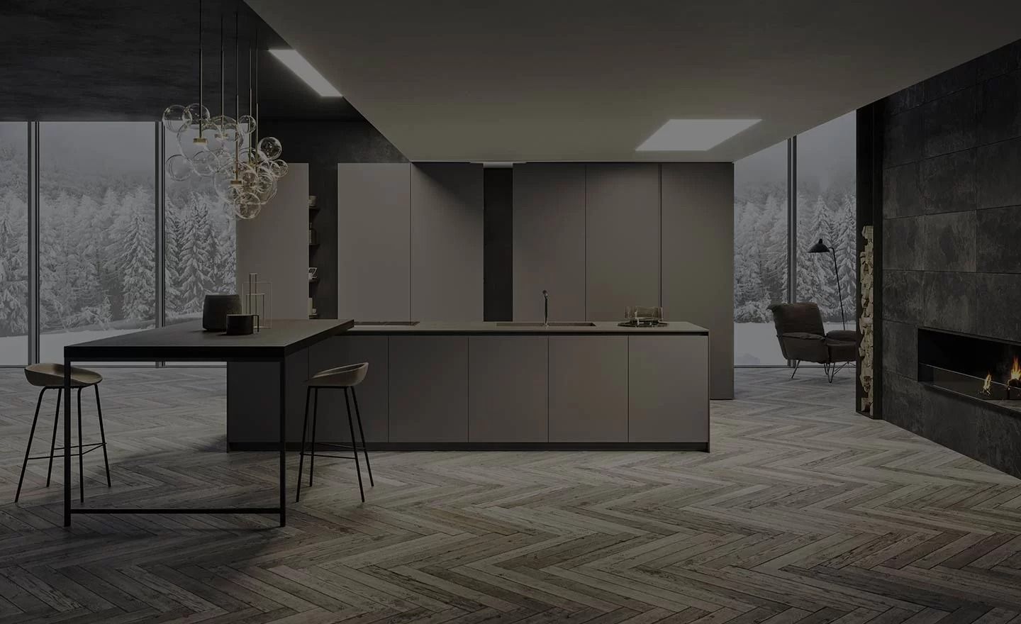 Cucina moderna e minimalista con mobili scuri, ampie finestre, isola con posti a sedere e camino lineare.