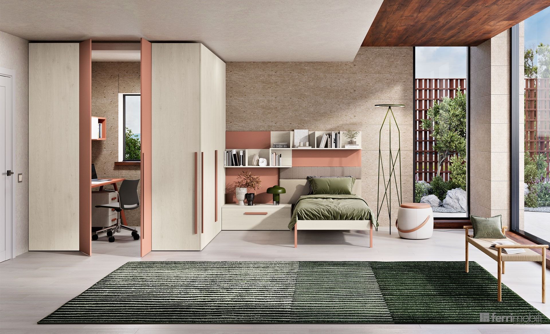 Camera da letto moderna a pianta aperta con tappeto verde, letto, scrivania, ante scorrevoli dell'armadio e ampie finestre con vista sul verde.