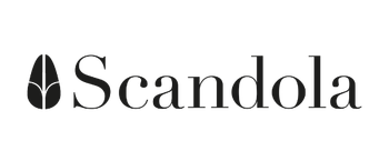 Logo Scandola con icona nera e marchio denominativo con grazie su sfondo bianco.