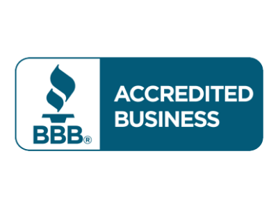 Blue rectangular logo with the BBB torch symbol and the text