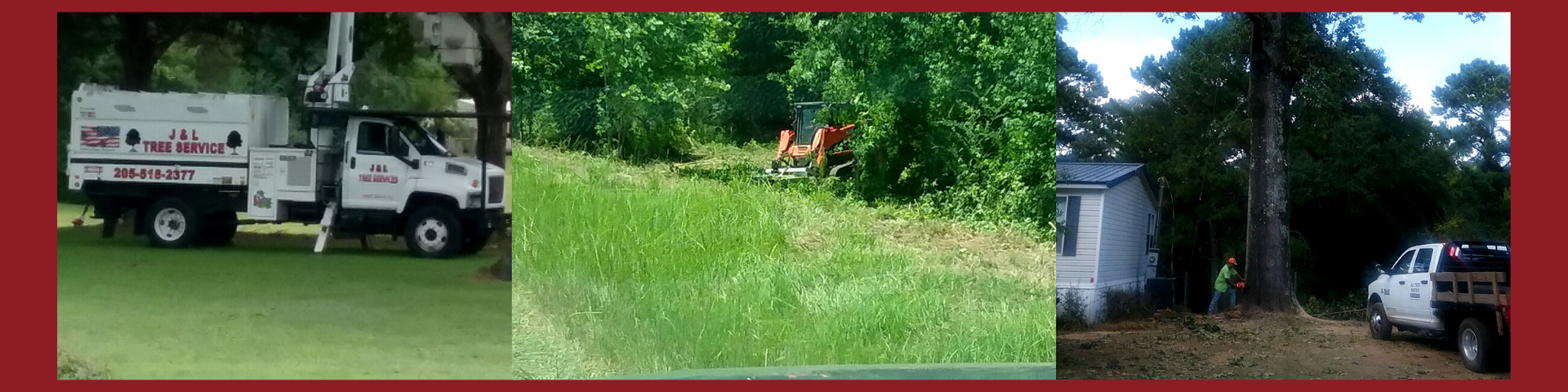 A collage showing a white utility bucket truck, a tractor in a grassy field, and a truck parked near a home and trees.