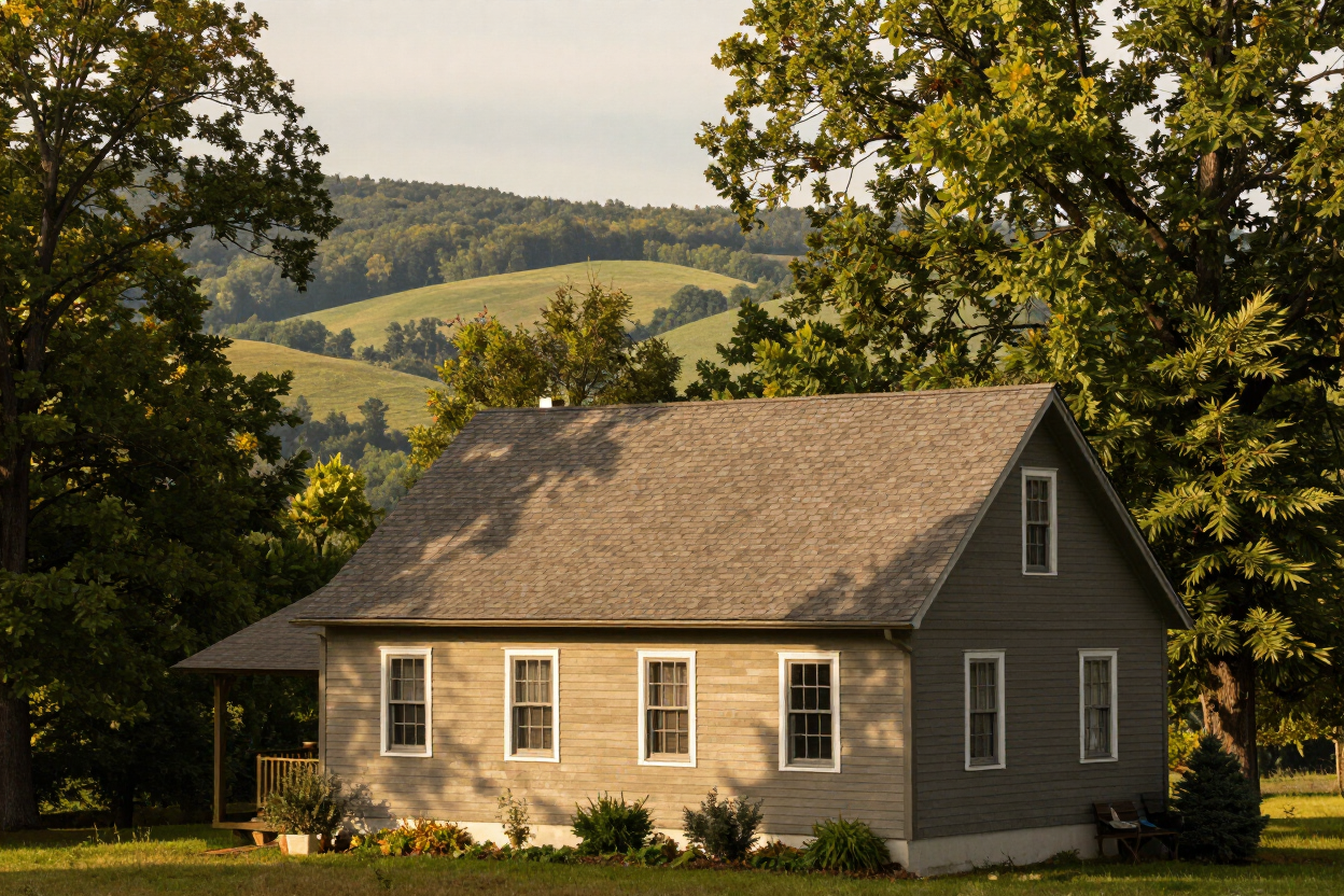Rural residential home with new asphalt shingle roof installed by NJB Construction and Roofing in Pike County, PA.