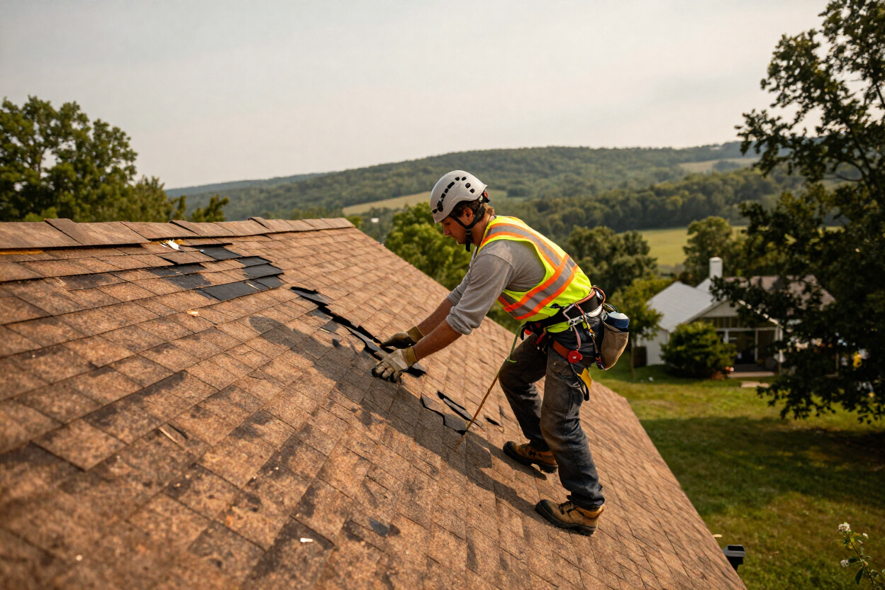 NJB Construction roofer repairing storm-damaged shingles on a residential roof in Pike County, PA.
