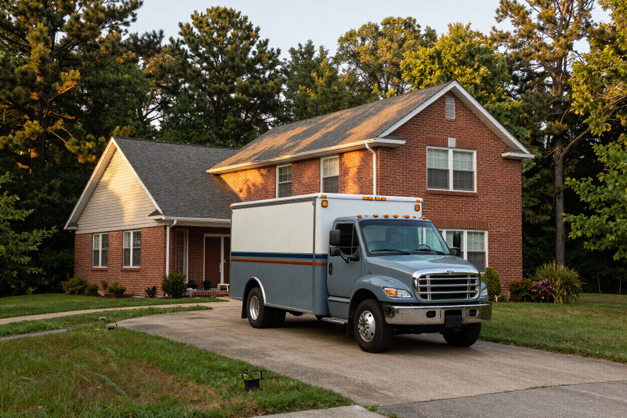NJB Construction and Roofing crew vehicle parked at a residential home in Monroe County, PA.