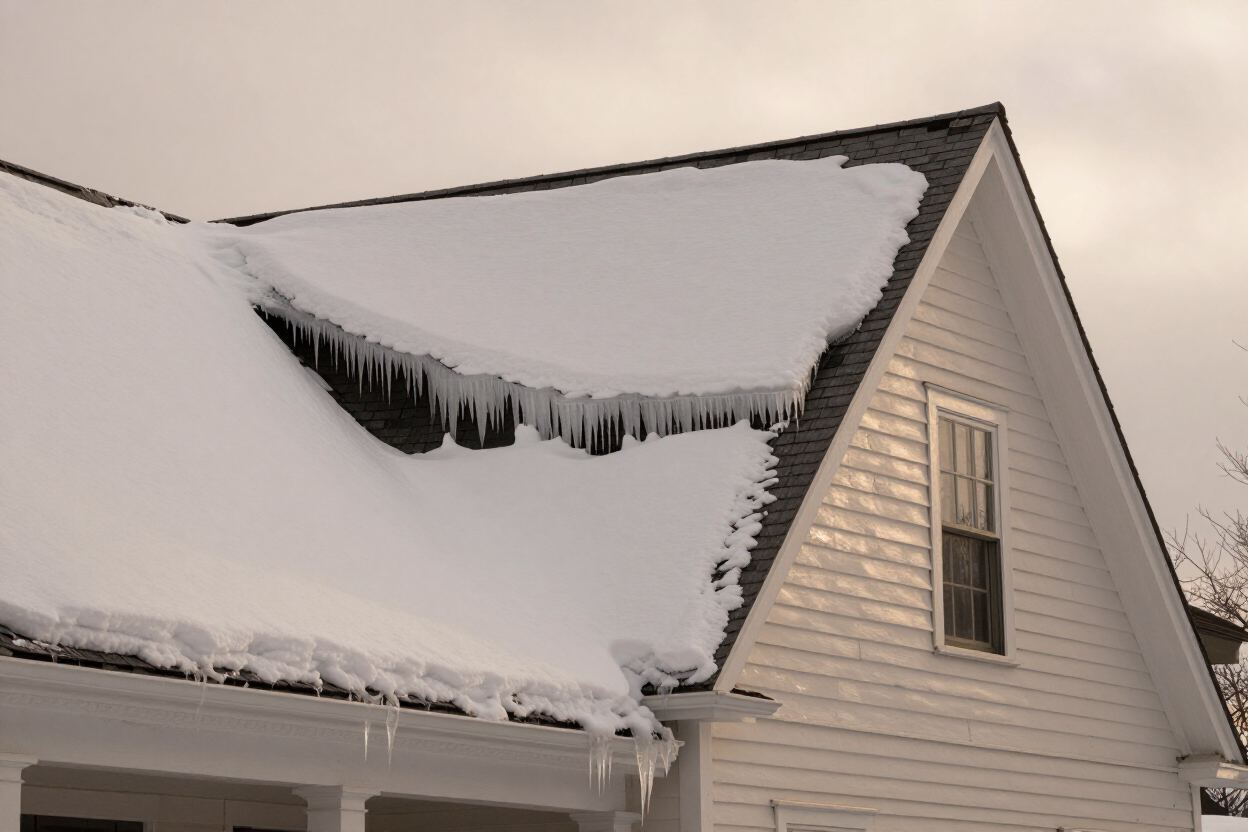 Snow-loaded residential roof in Monroe County, PA showing ice dam damage on asphalt shingles.
