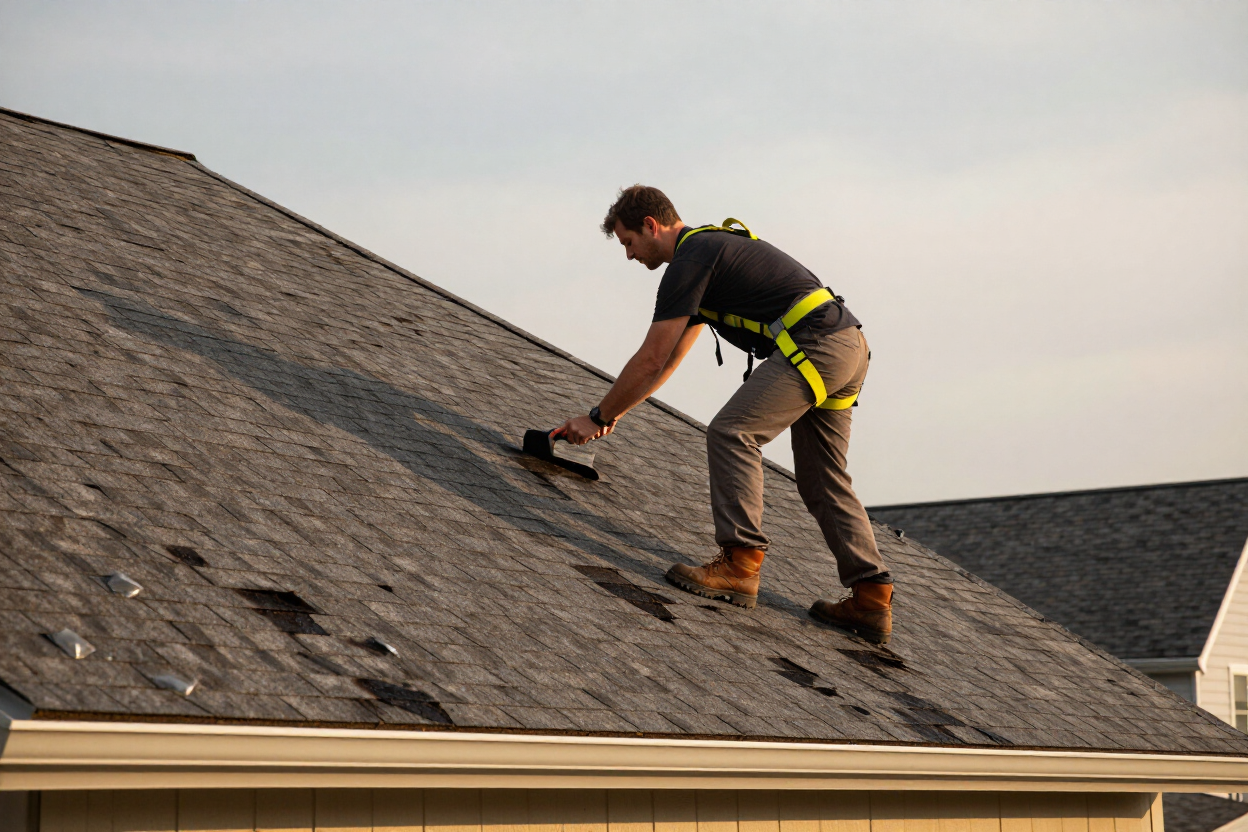 Licensed NJB Construction roofer repairing storm-damaged shingles on a residential roof in Luzerne County, PA