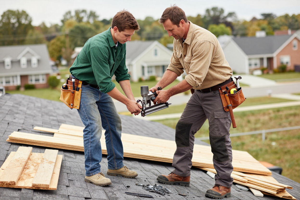 Father and son roofing team working together on a residential roof in Northeast Pennsylvania