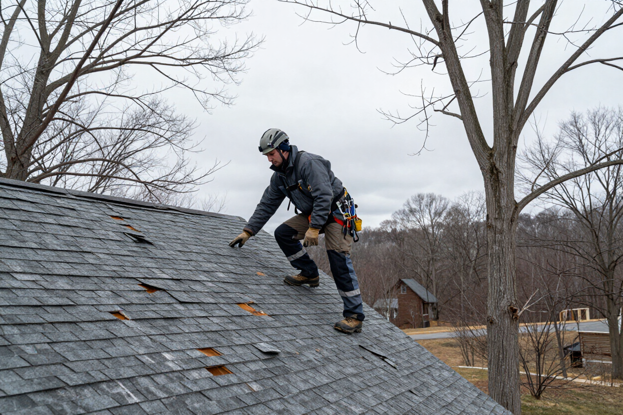 NJB Construction and Roofing roofer repairing storm-damaged shingles on a Susquehanna County residential roof