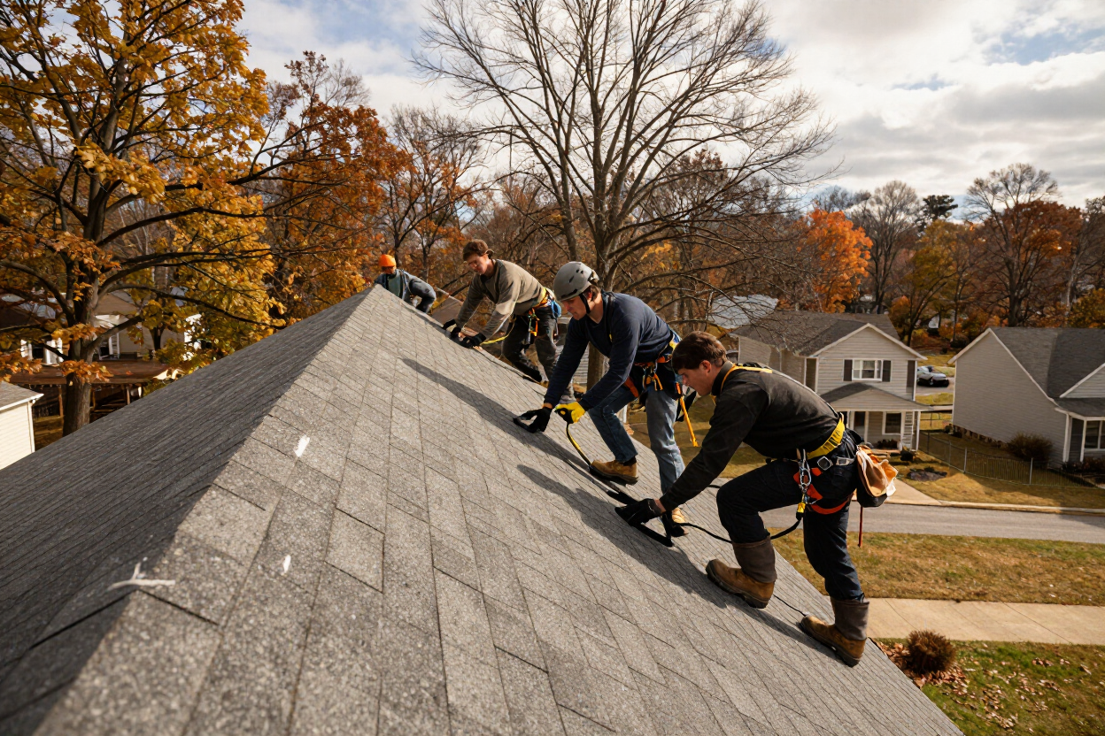 Roofing crew installing asphalt shingles on a residential roof in Wayne County, PA with autumn foliage in the background