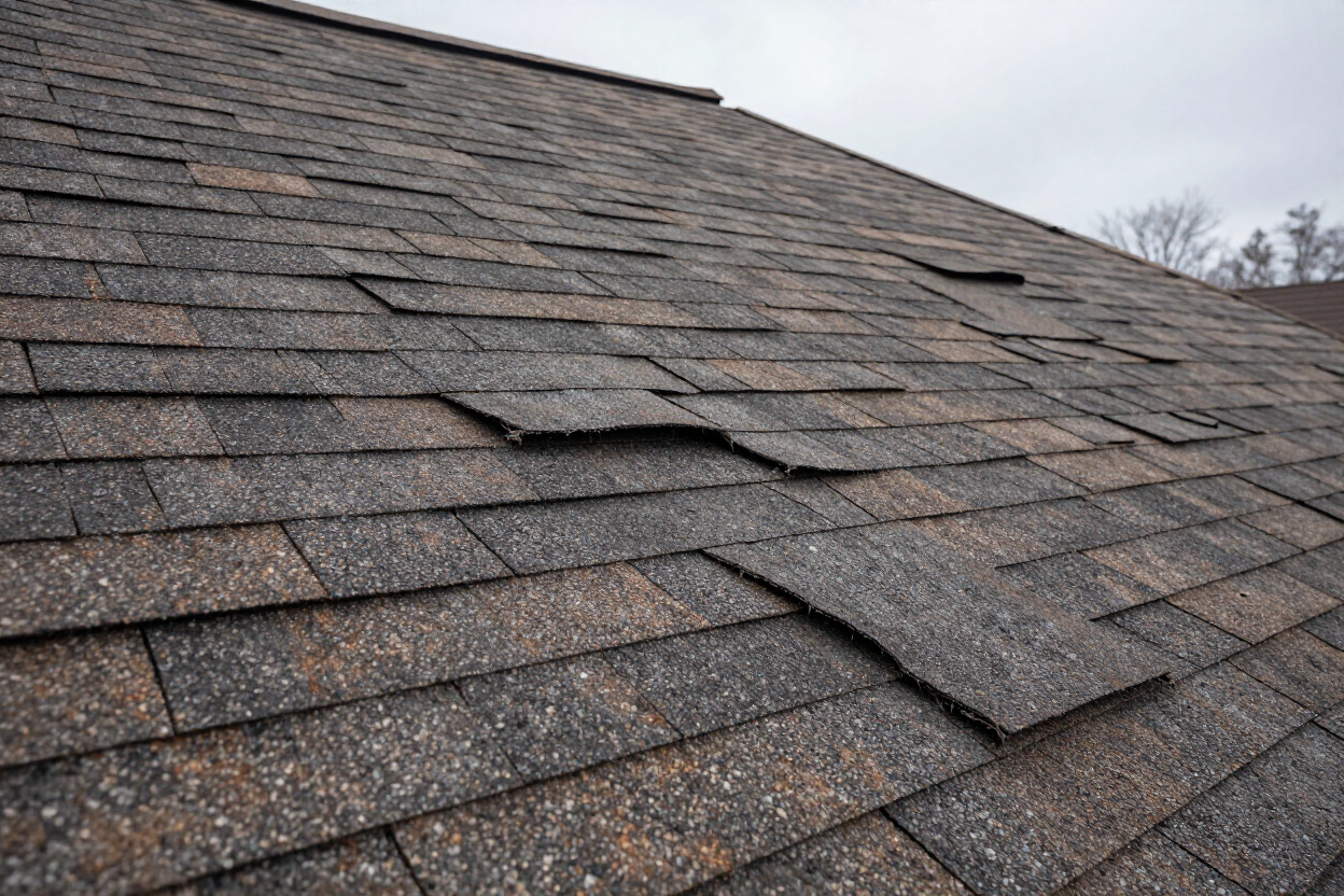 Storm-damaged asphalt shingles on a residential roof showing cracked and lifted shingles under an overcast winter sky