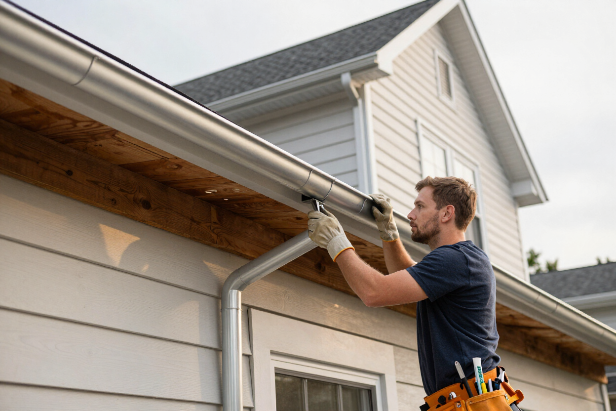 NJB Construction and Roofing crew installing seamless aluminum gutters on a residential home in Scranton, PA
