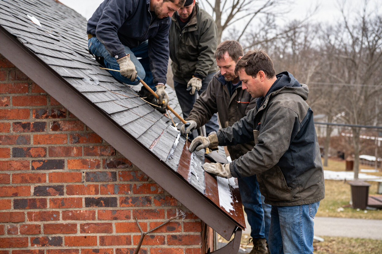 NJB Construction roofing crew inspecting ice-damaged flashing on a NEPA residential roof in winter
