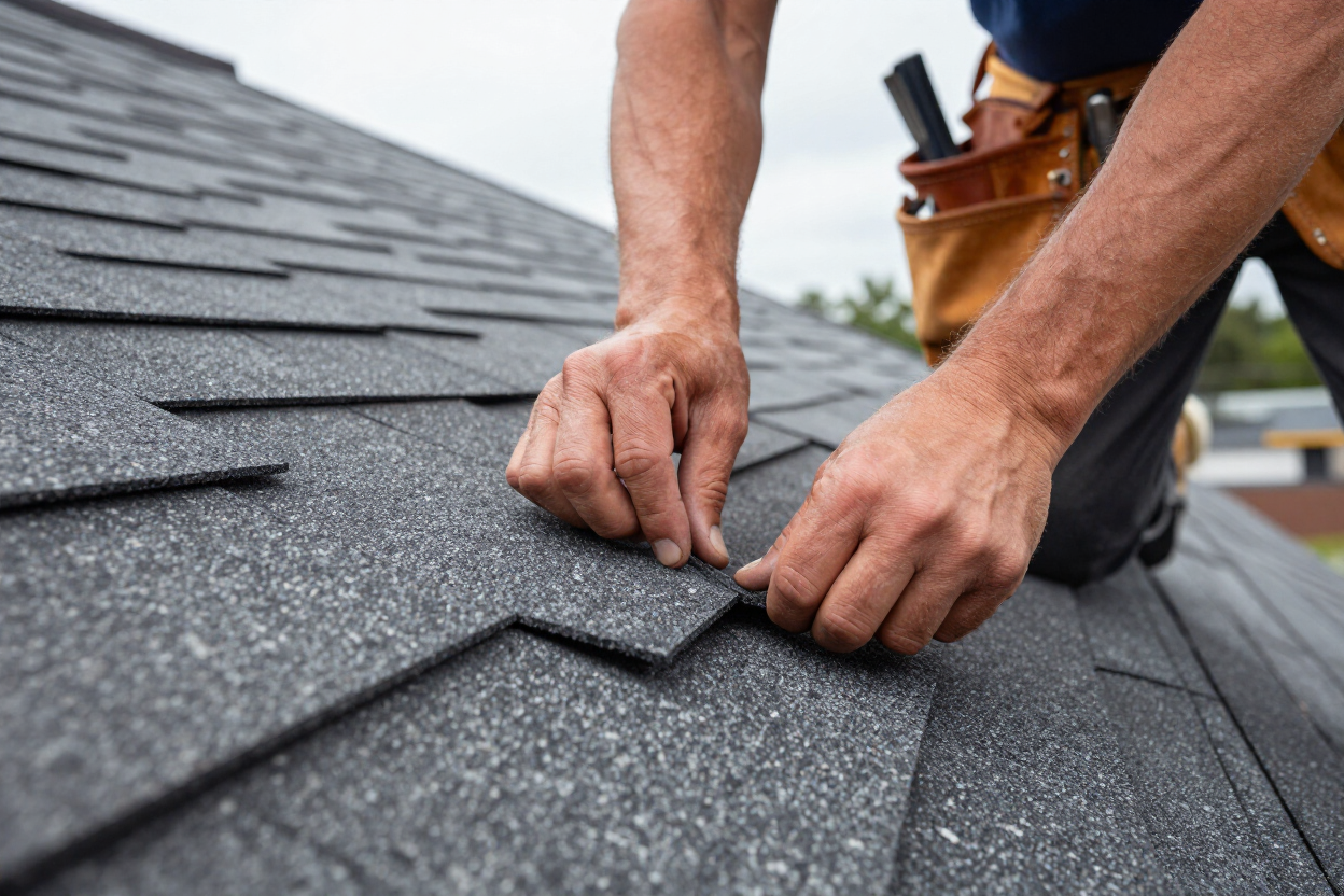 Skilled roofer setting asphalt shingles on a residential roof in Northeast Pennsylvania