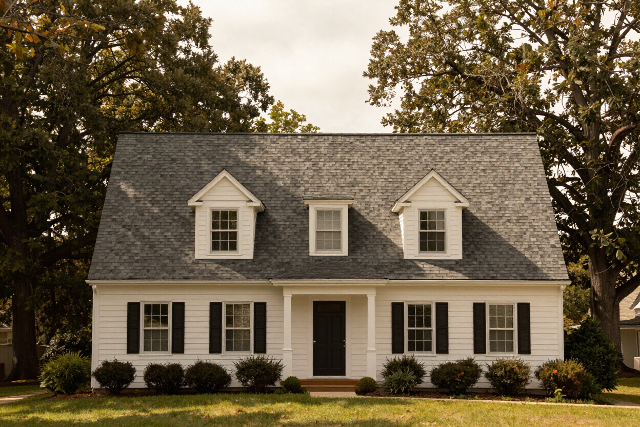 Completed asphalt shingle roof on a two-story colonial home in Northeast Pennsylvania