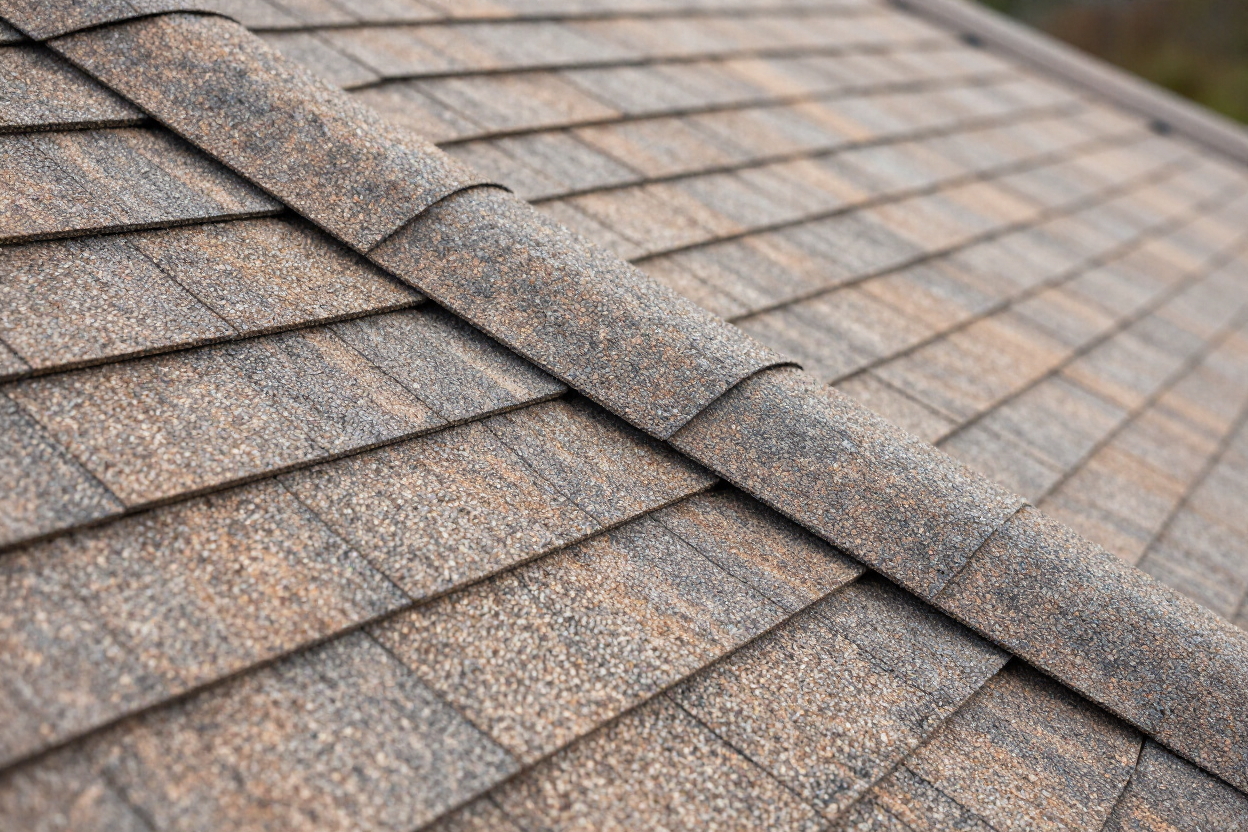 Close-up of new architectural shingles installed at the ridge line, Northeast Pennsylvania roofing project