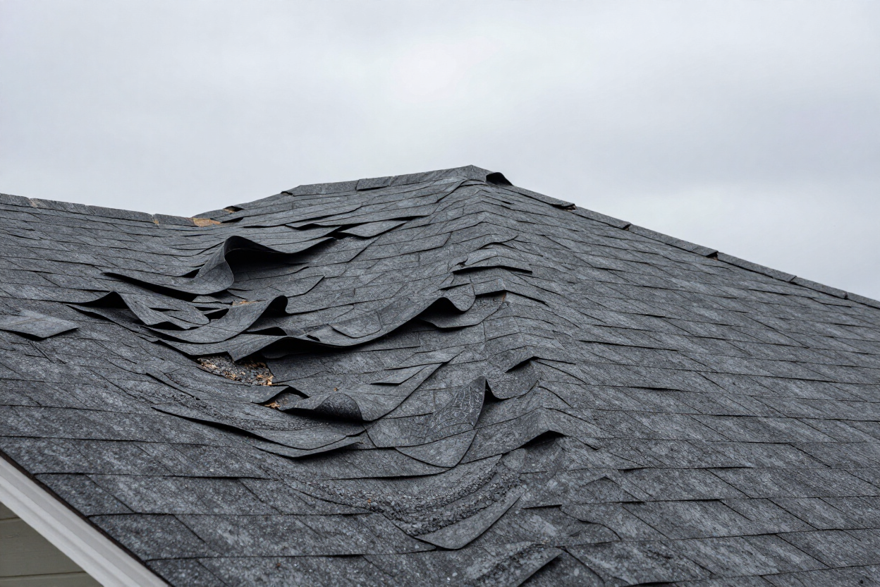 Before photo: storm-damaged asphalt roof with missing and curling shingles, Northeast Pennsylvania home