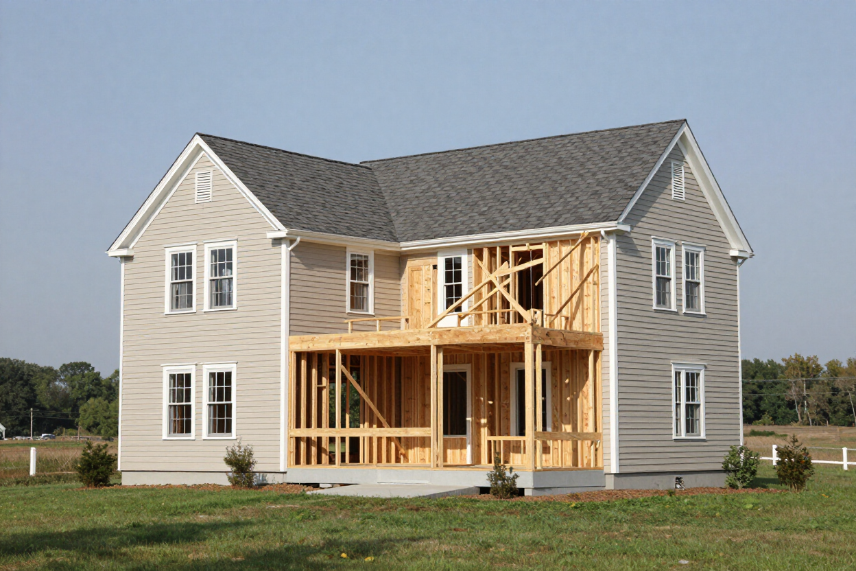 Home addition exterior showing new second-story framing on a colonial-style home, Northeast Pennsylvania