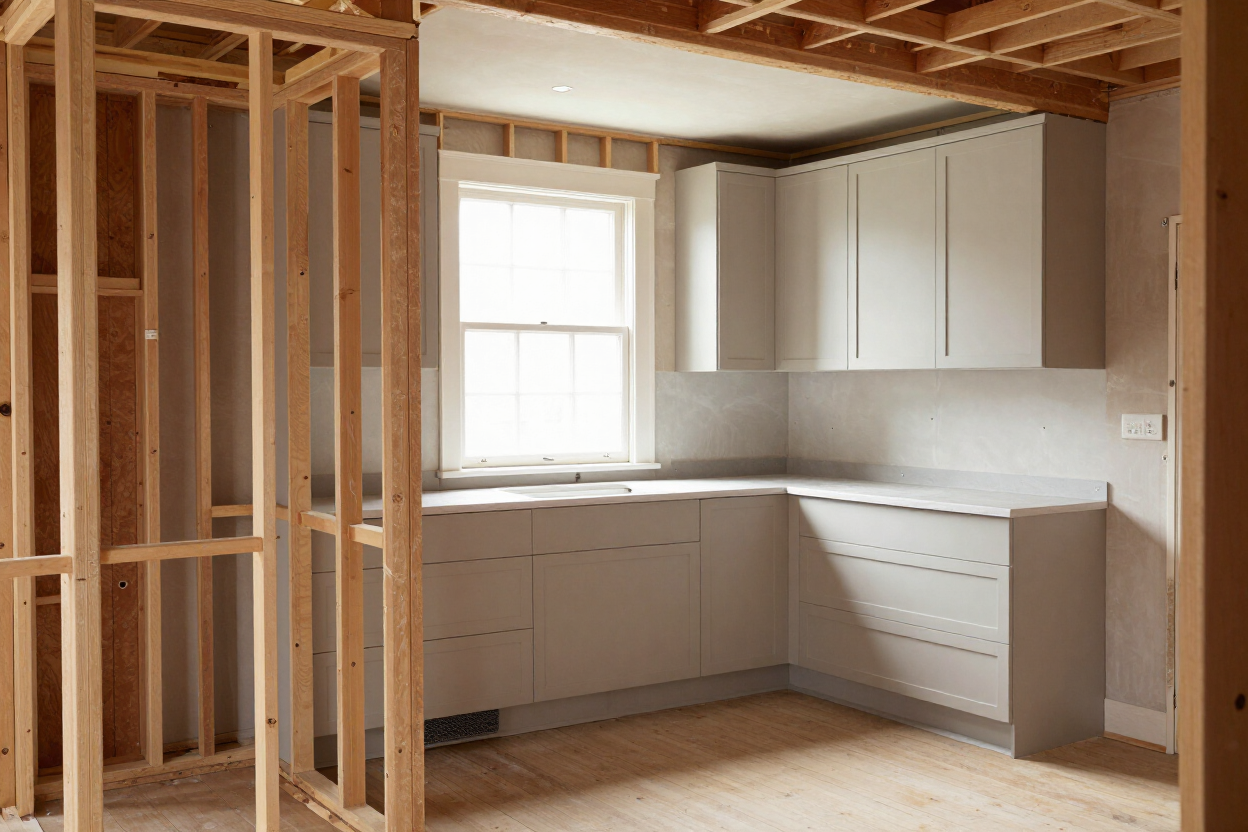 Kitchen remodel in progress showing new cabinetry framing in an older NEPA-style home with natural window light