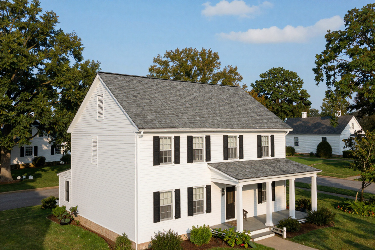 Wide shot of a completed re-roof on a two-story colonial with fresh shingles in a mature NEPA neighborhood