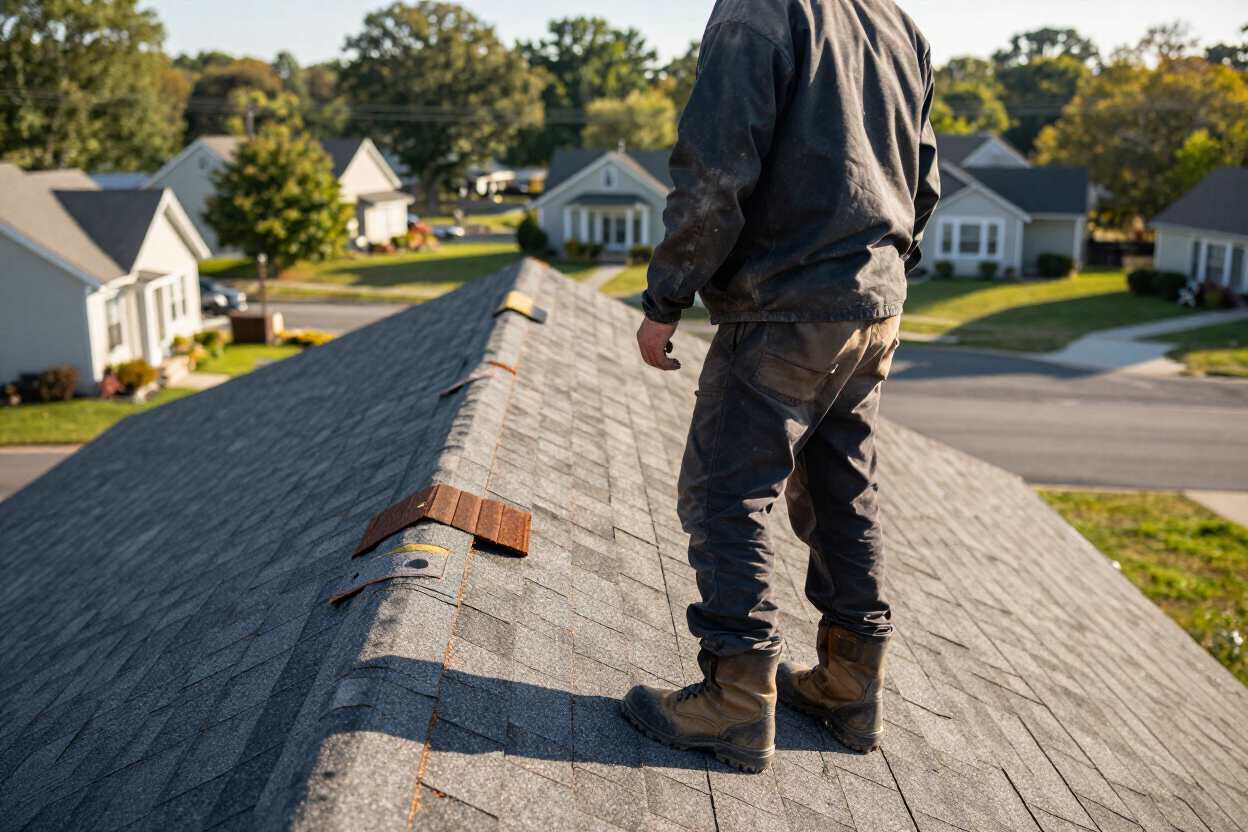 NJB Construction and Roofing crew member reviewing completed shingle work on a finished residential roof in Northeast Pennsylvania