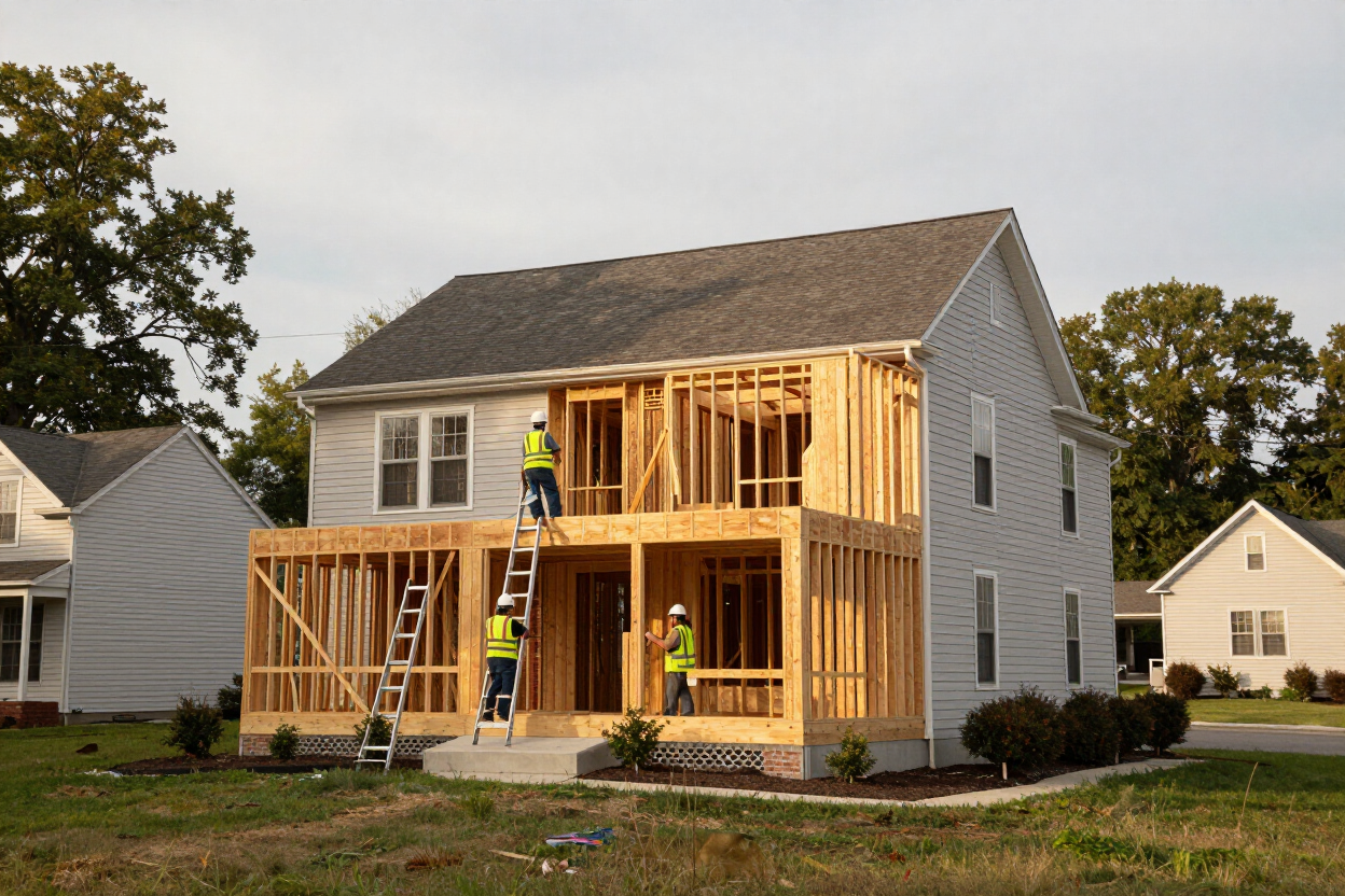 Home addition framing in progress on a two-story colonial in Northeast Pennsylvania