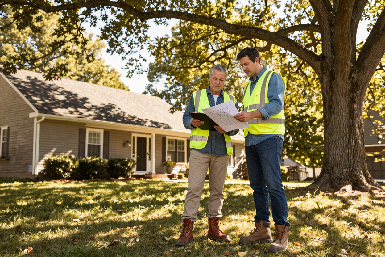 Homeowner and NJB contractor reviewing construction plans outside a NEPA residence