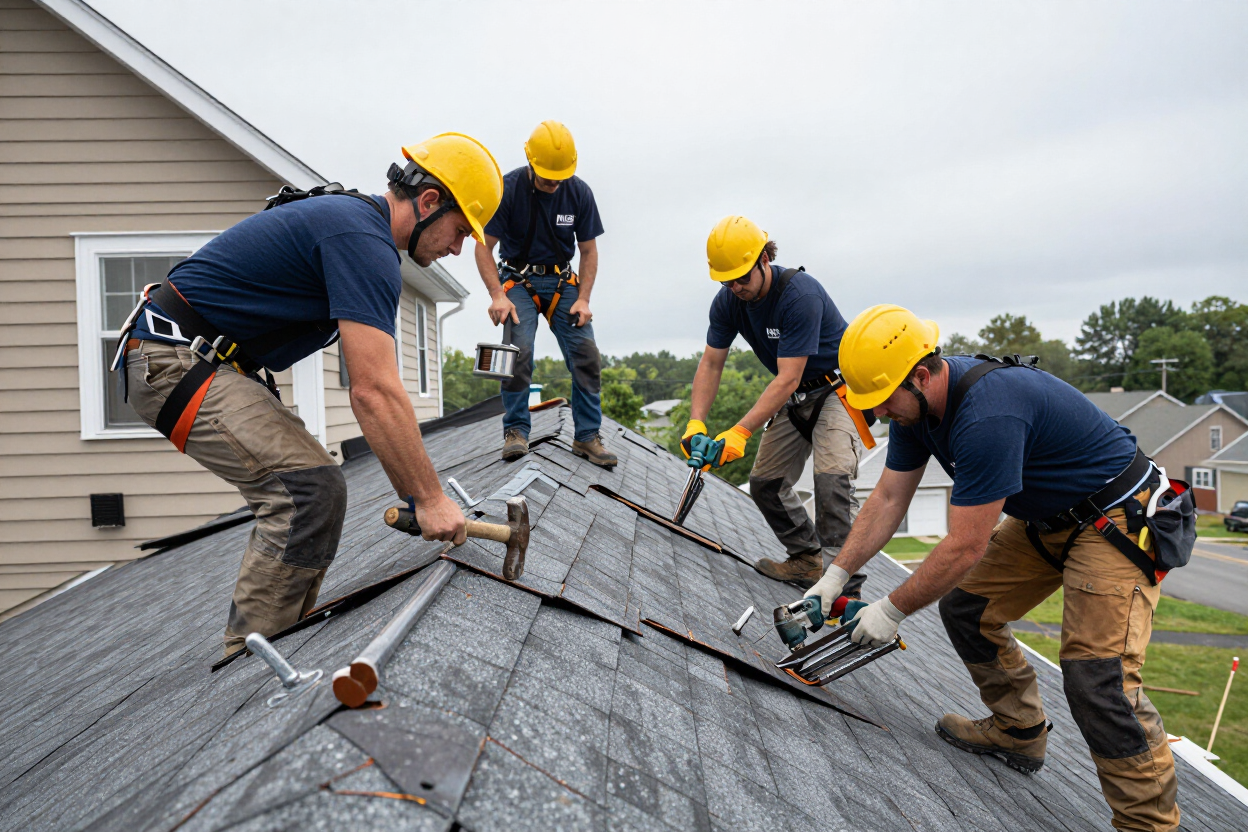 NJB Construction and Roofing crew performing storm damage roof repair on a Scranton PA home.
