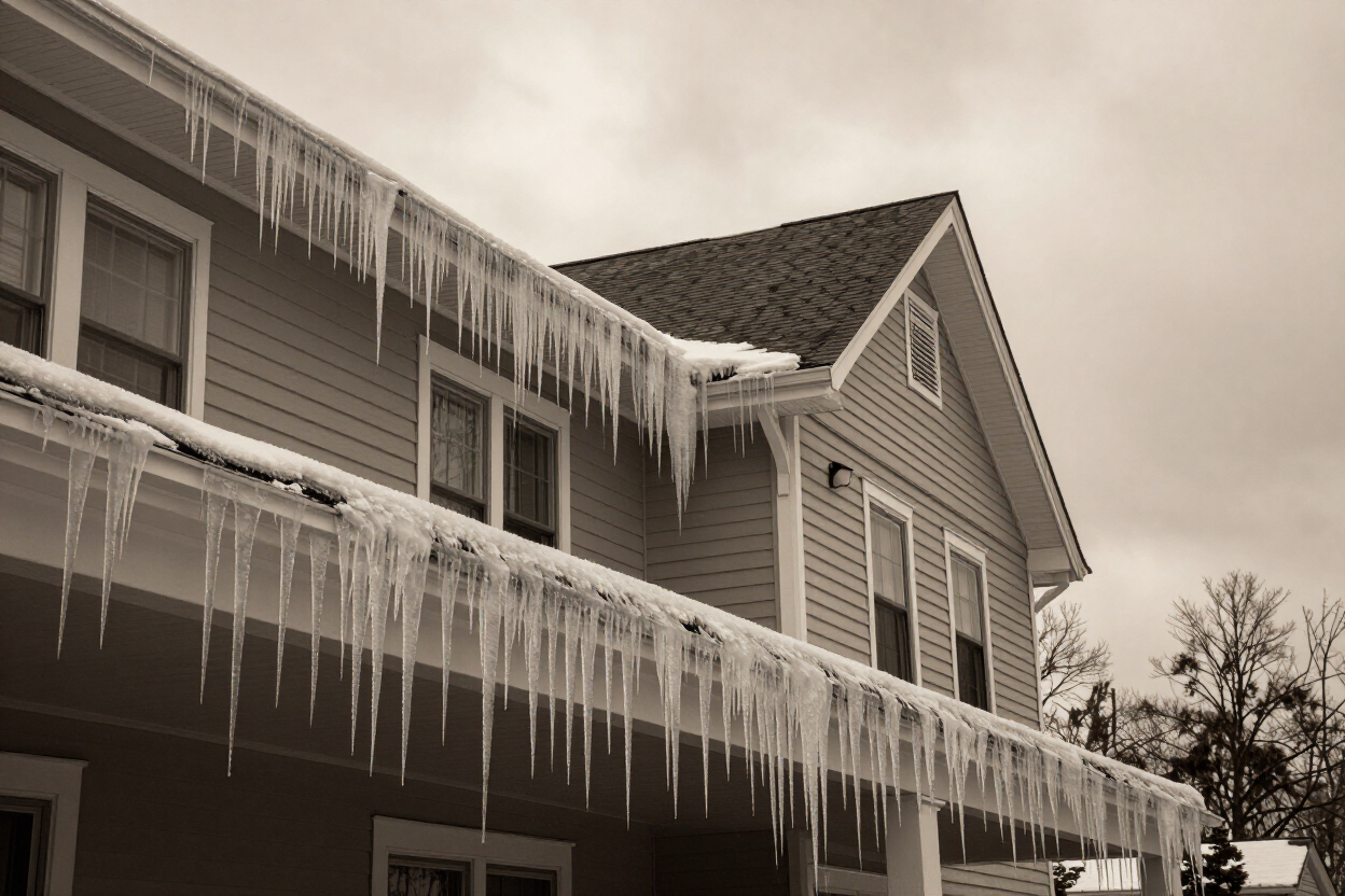 Ice dam damage on a residential roof eave in Northeast Pennsylvania winter.