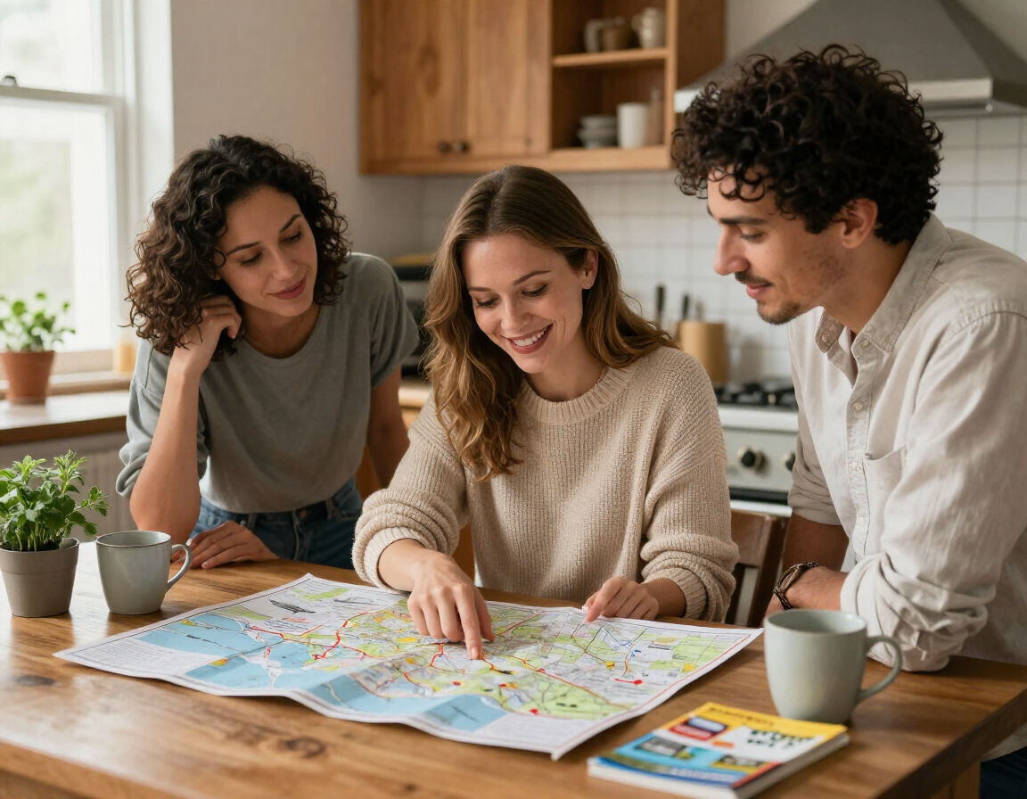 Friends planning a trip at a kitchen table