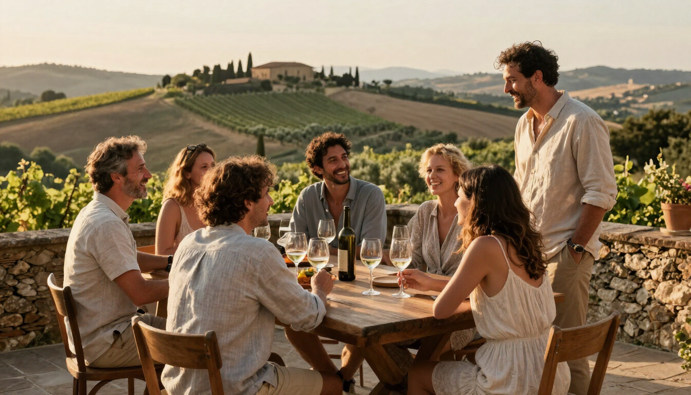 Friends enjoying wine on a Tuscan hillside terrace