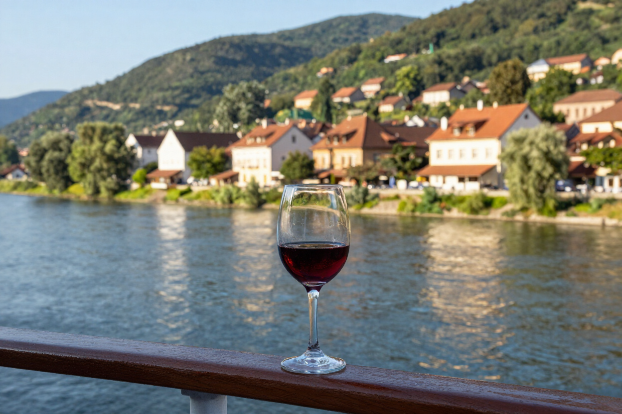 River cruise ship passing a sunlit riverside town