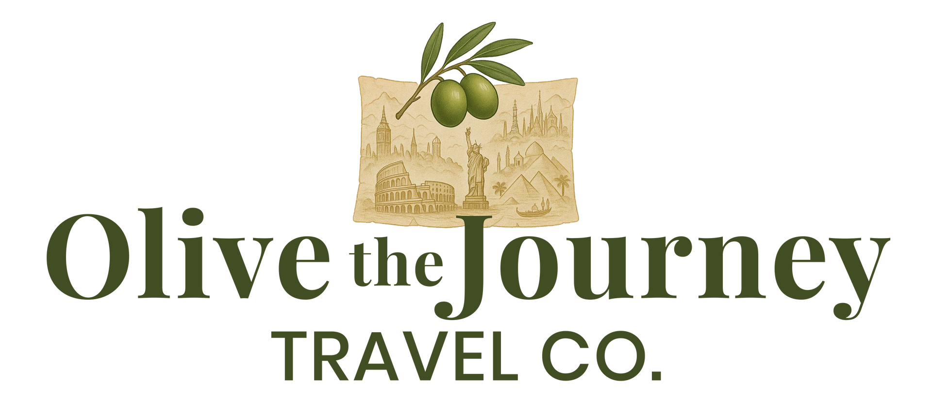 Olive the Journey Travel Co Logo Logo for Olive the Journey Travel Co. with green olive branch and map graphic