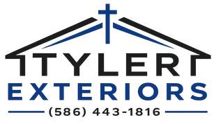 White logo of a house that says Tyler Exteriors