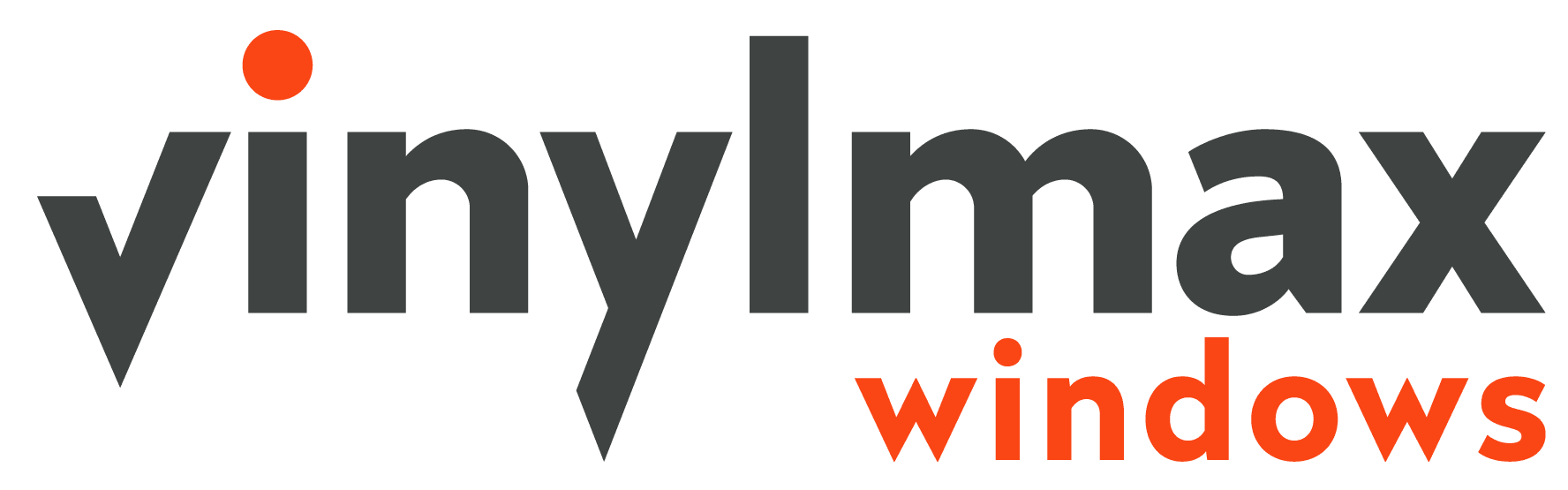 Vinylmax windows logo with dark grey text and an orange dot above, and orange "windows" text below.