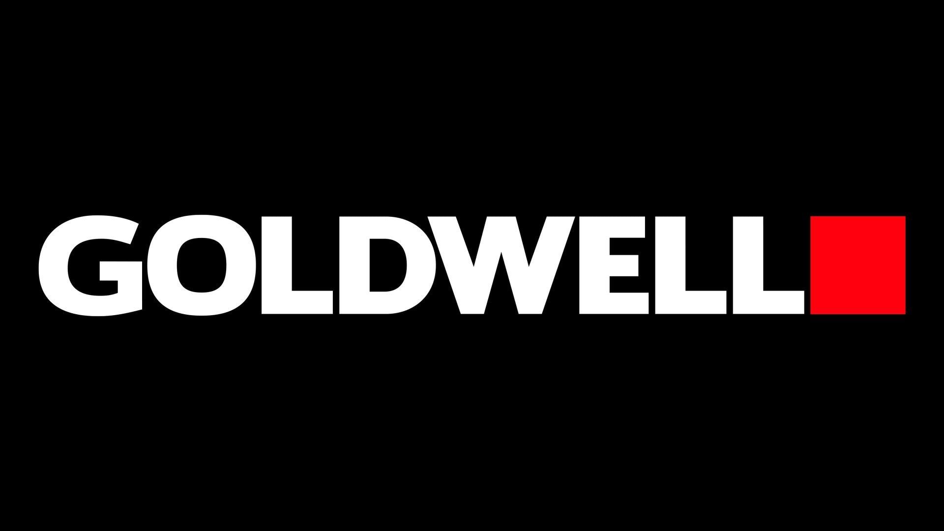 Das Goldwell-Logo ist weiß und rot auf schwarzem Hintergrund.