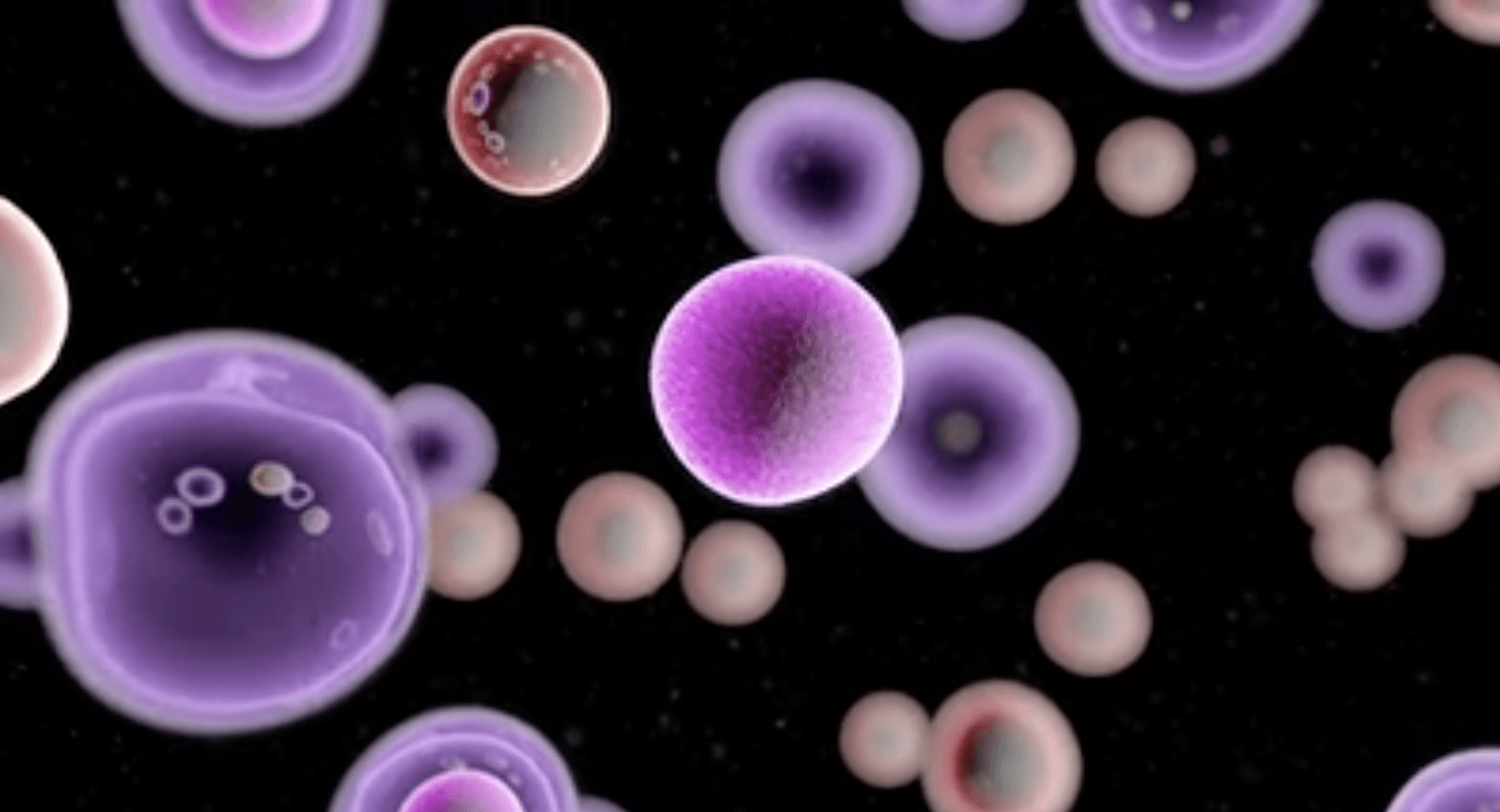 A bunch of purple cells are floating in the air on a black background.