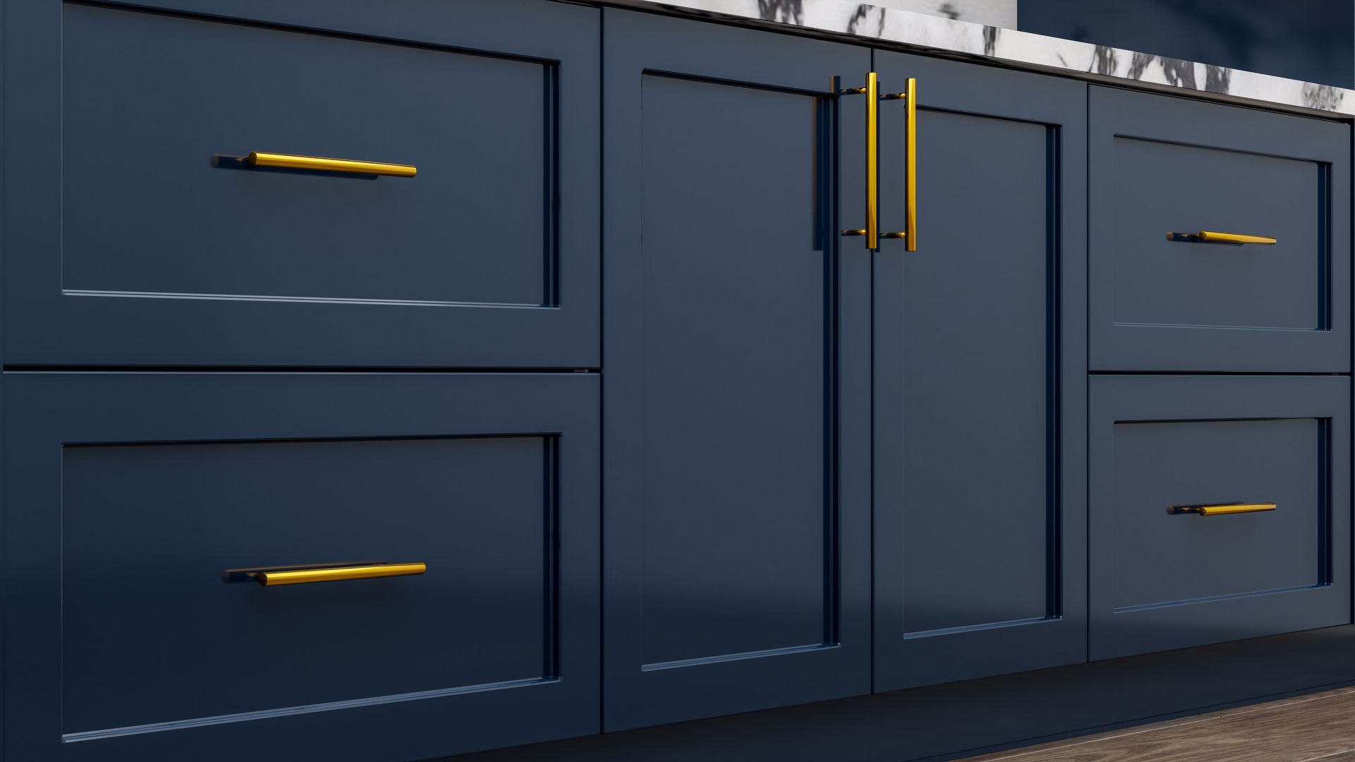 A kitchen with blue cabinets and gold handles.