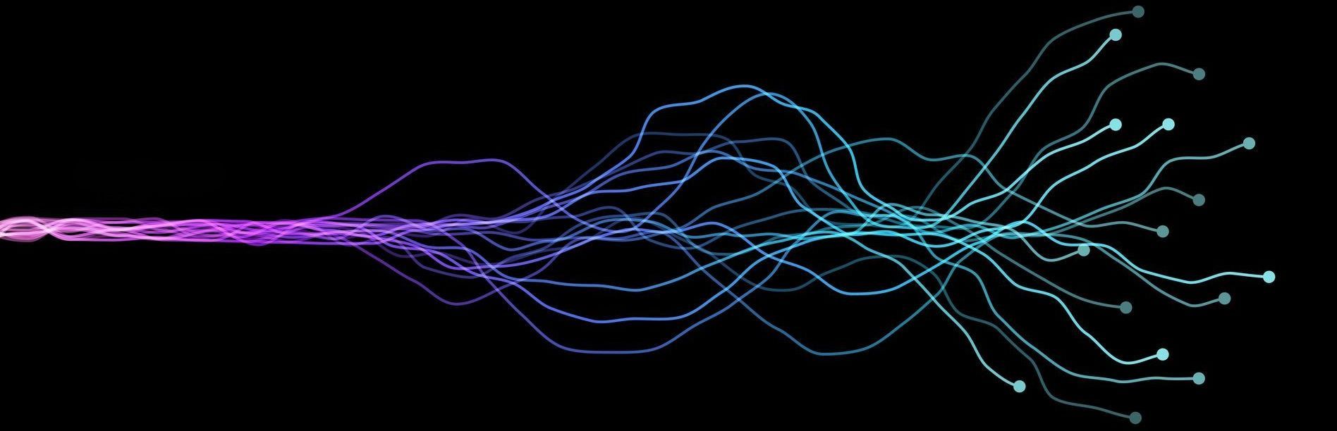 Abstract illustration of flowing lines, transitioning colours from purple to blue, against a black background.