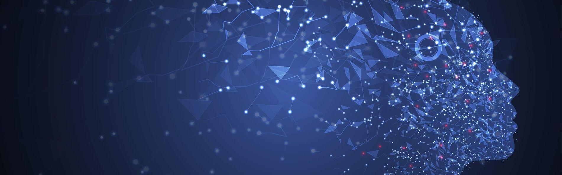 A silhouette of a human head made of interconnected particles against a dark blue backdrop.